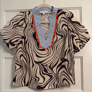 THML Cream and Black Swirl Blouse with Blue and Orange Accents